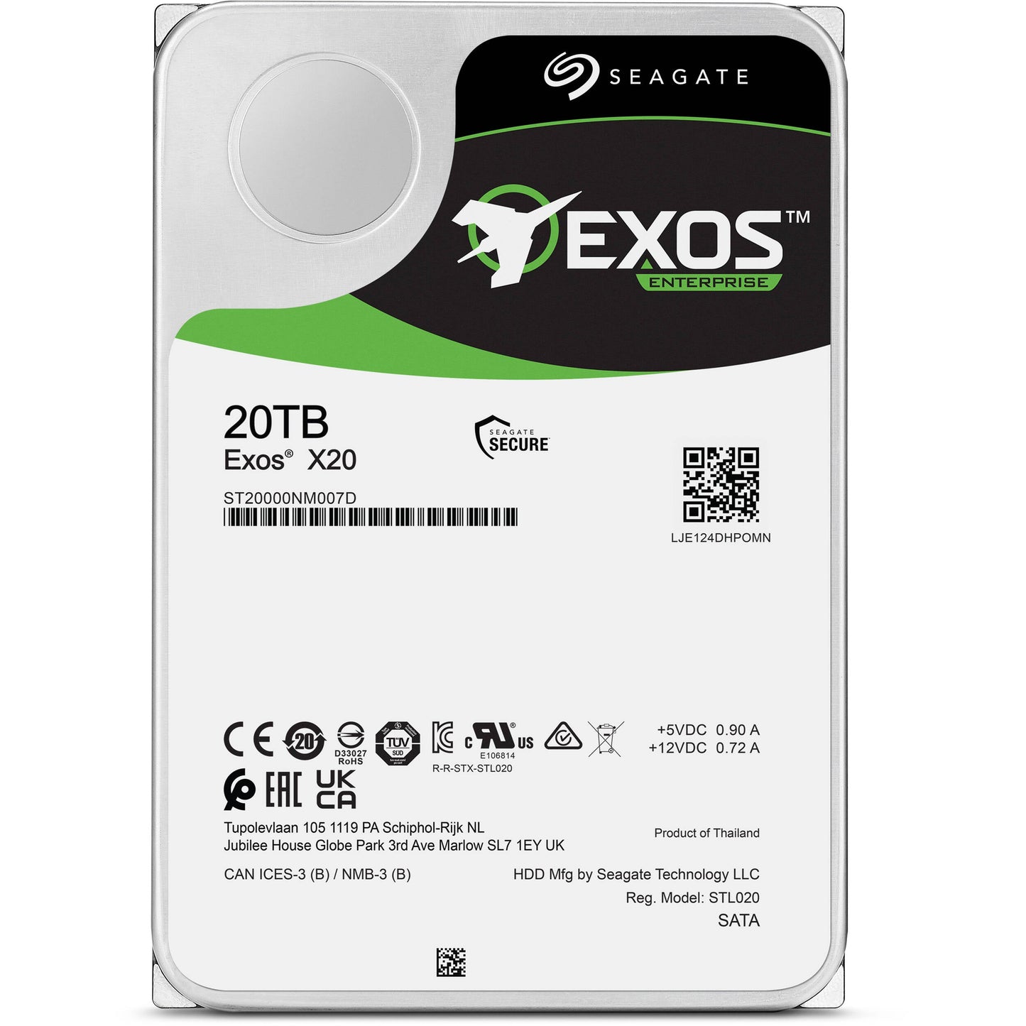 3DJ103-001 Seagate Exos X20 20TB 7200RPM SATA 6Gbps 256MB Cache 3.5-inch Hard Drive
