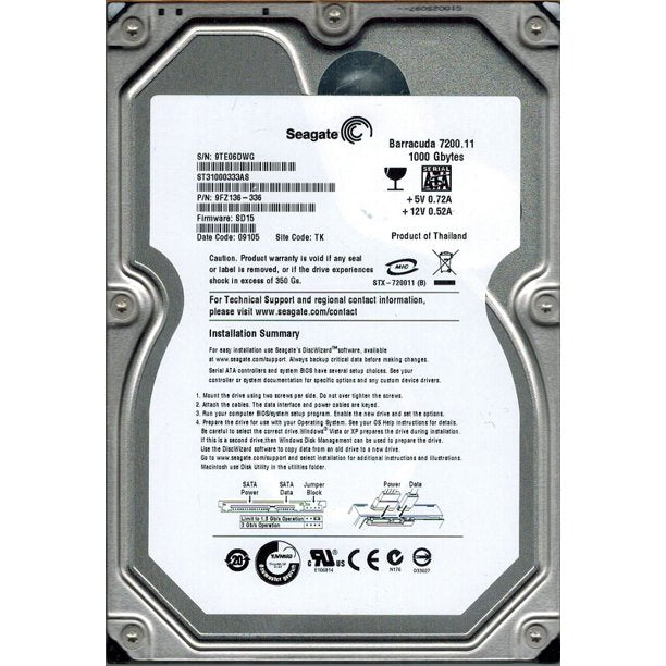 9FZ136-336 Seagate Barracuda 7200.11 1TB 7200RPM SATA 3GB/s 32MB Cache 3.5-inch Hard Drive