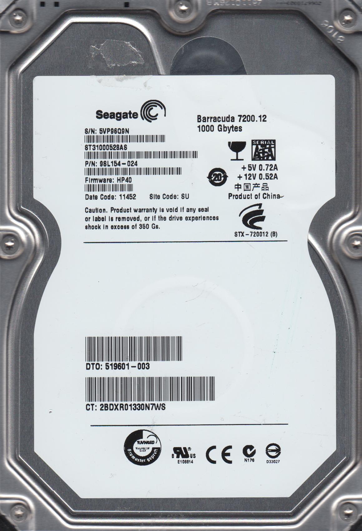 9SL154-024 Seagate Barracuda 7200.12 1TB 7200RPM SATA 3Gbps 32MB Cache 3.5-inch Internal Hard Drive