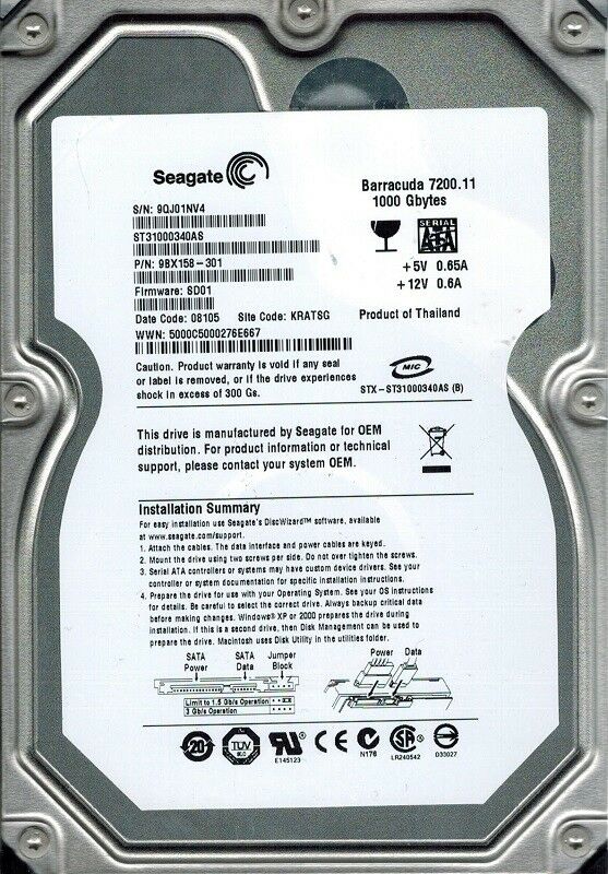 9JS156-900 Seagate Pipeline HD 1TB 7200RPM SATA 3Gbps 32MB Cache 3.5-inch Internal Hard Drive