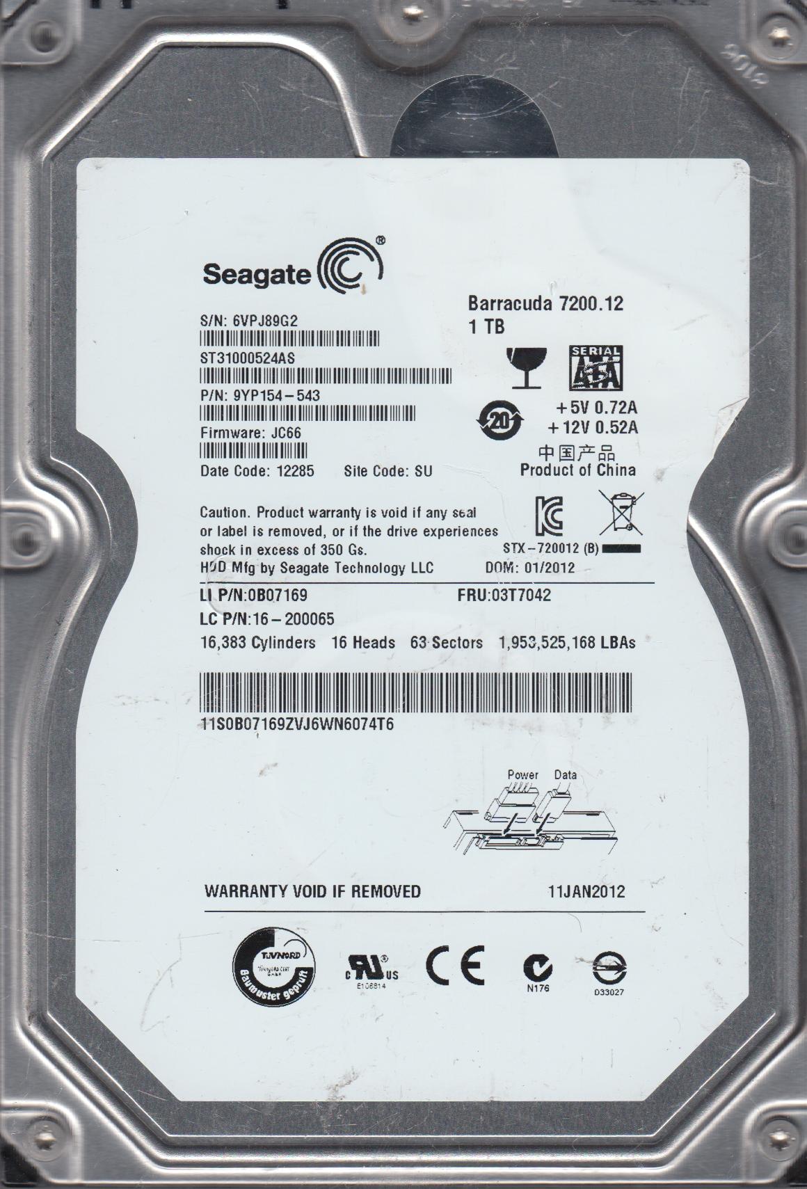 9YP154-543 Seagate Barracuda 1TB 7200RPM SATA 6GB/s 32MB Cache 3.5-inch Internal Hard Drive