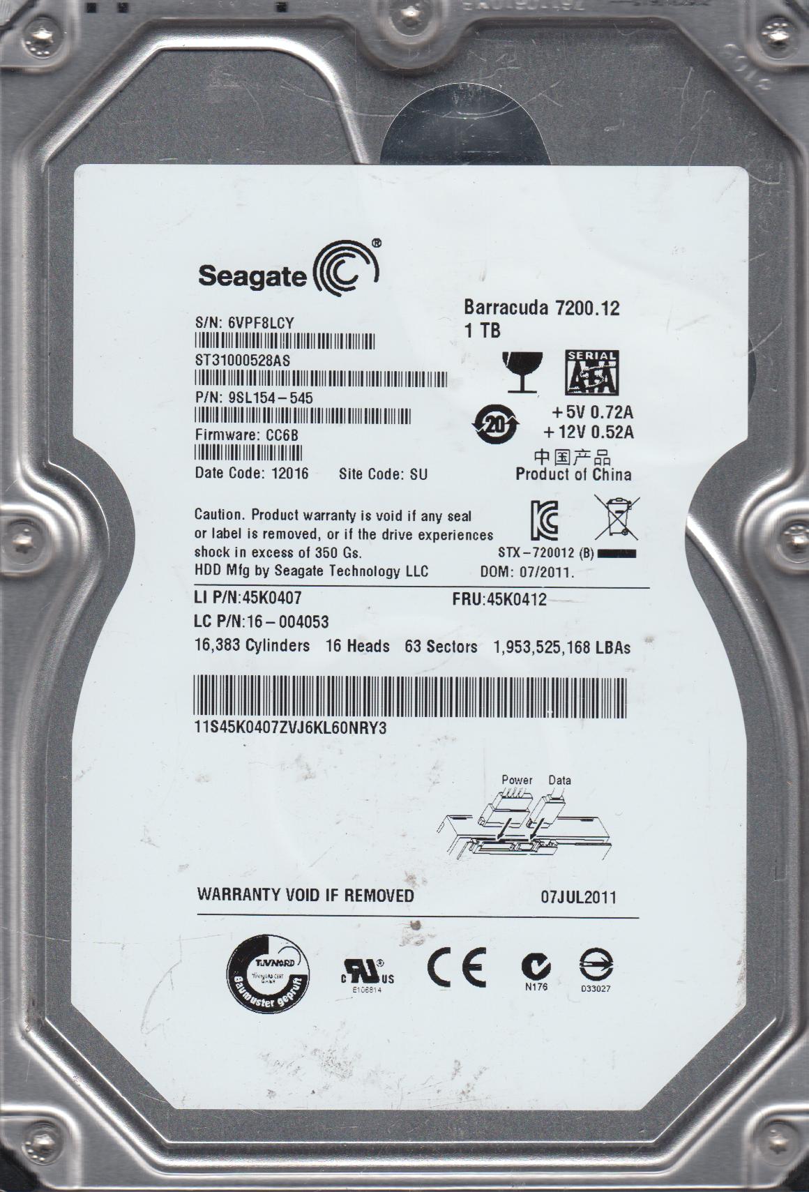 9SL154-545 Seagate Barracuda 7200.12 1TB 7200RPM SATA 3Gbps 32MB Cache 3.5-inch Internal Hard Drive