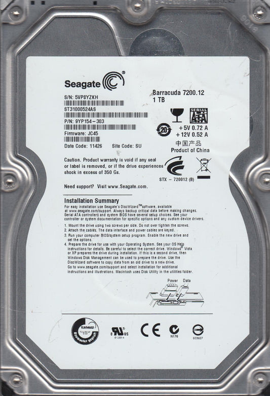 9YP154-303 Seagate Barracuda 1TB 7200RPM SATA 6GB/s 32MB Cache 3.5-inch Internal Hard Drive