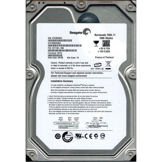 9FZ136-336 Seagate Barracuda 7200.11 1TB 7200RPM SATA 3GB/s 32MB Cache 3.5-inch Hard Drive