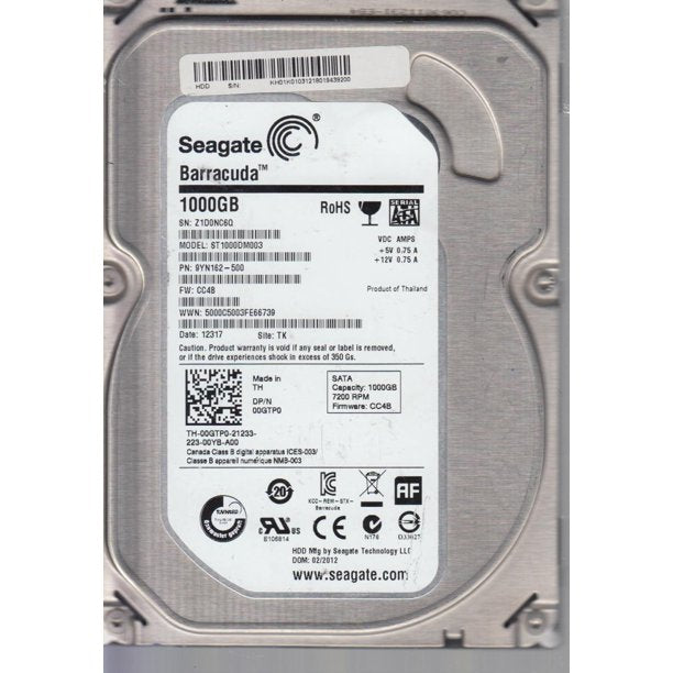 9YN162-500 Seagate Barracuda 1TB 7200RPM SATA 6GB/s 64MB Cache 3.5-inch Hard Drive