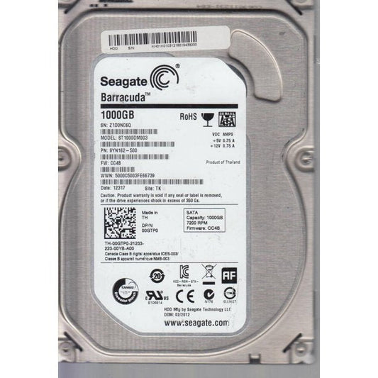 9YN162-500 Seagate Barracuda 1TB 7200RPM SATA 6GB/s 64MB Cache 3.5-inch Hard Drive