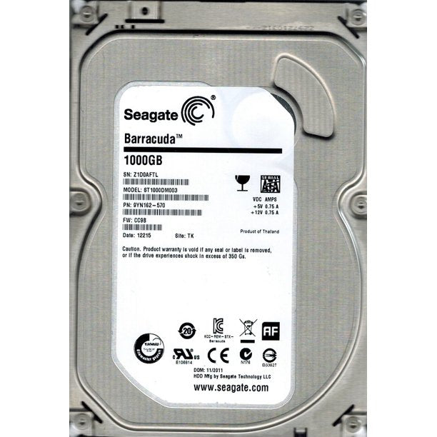 9YN162-570 Seagate Barracuda 1TB 7200RPM SATA 6GB/s 64MB Cache 3.5-inch Hard Drive