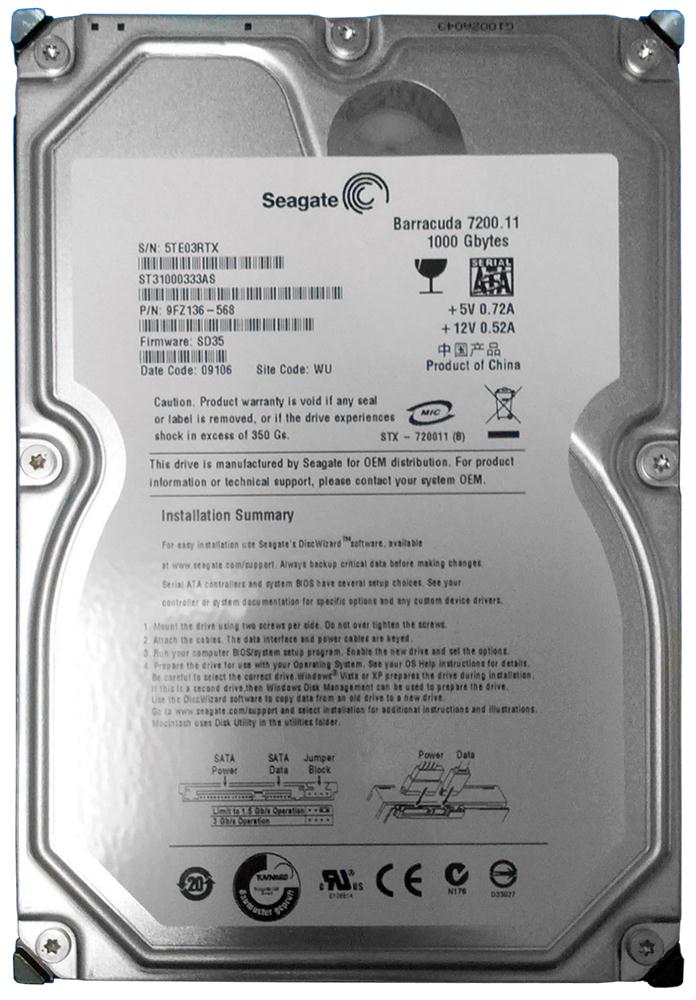 ST31000333AS Seagate Barracuda 7200.11 1TB 7200RPM SATA 3GB/s 32MB Cache 3.5-inch Hard Drive