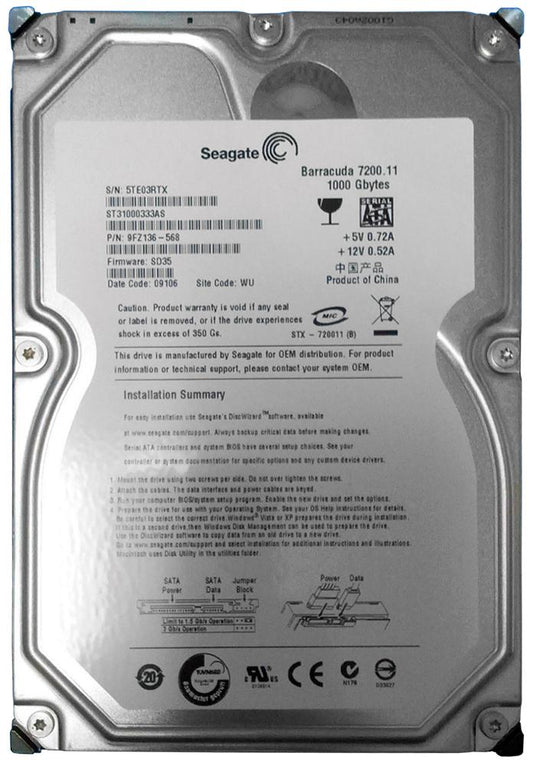 ST31000333AS Seagate Barracuda 7200.11 1TB 7200RPM SATA 3GB/s 32MB Cache 3.5-inch Hard Drive