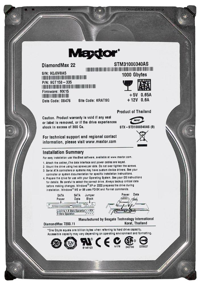 STM31000340AS Seagate DiamondMax 22 1TB 7200RPM SATA 3GB/s 32MB Cache 3.5-inch Hard Drive