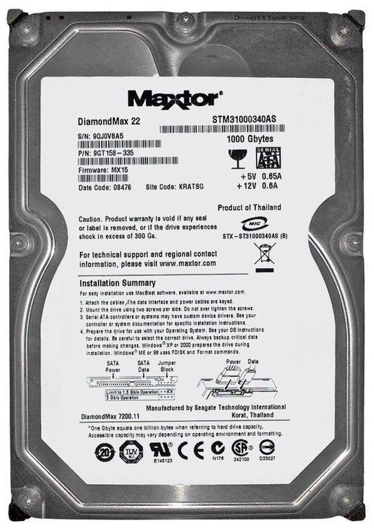 STM31000340AS Seagate DiamondMax 22 1TB 7200RPM SATA 3GB/s 32MB Cache 3.5-inch Hard Drive