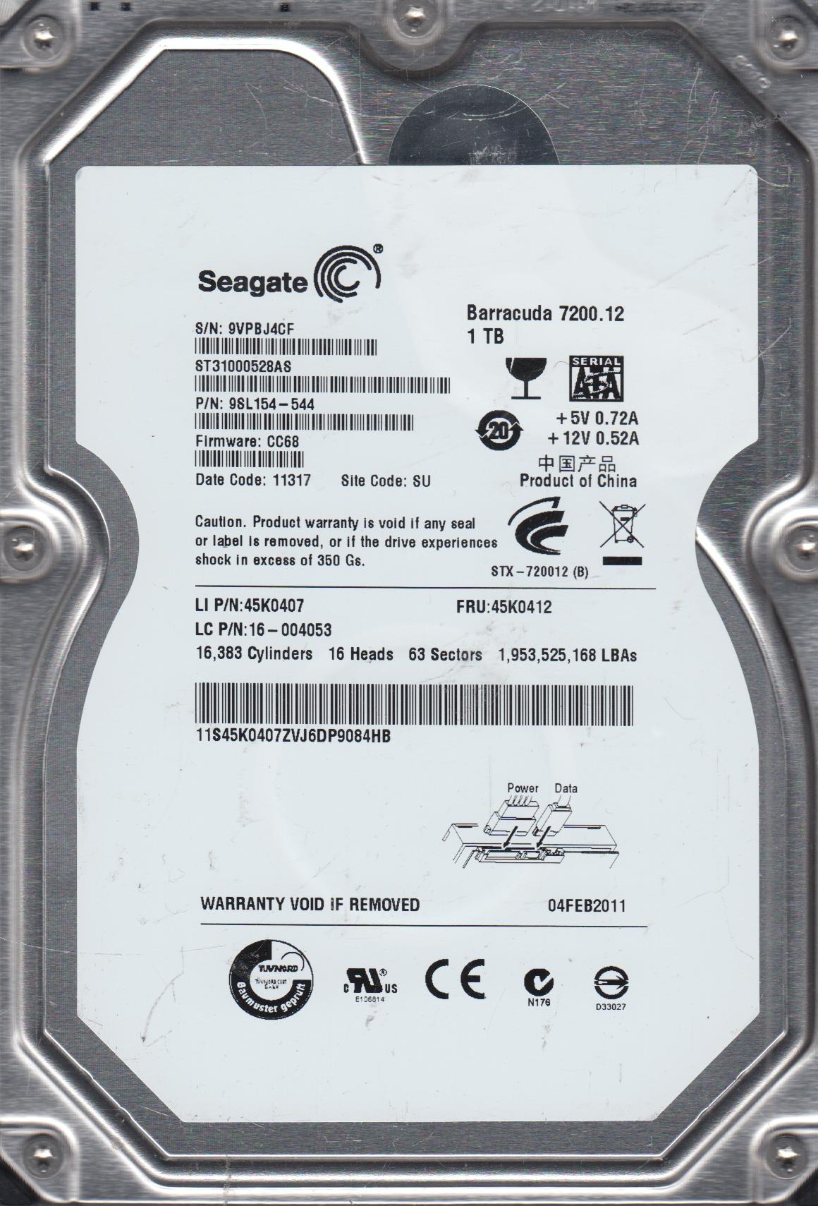 9SL154-544 Seagate Barracuda 7200.12 1TB 7200RPM SATA 3Gbps 32MB Cache 3.5-inch Internal Hard Drive