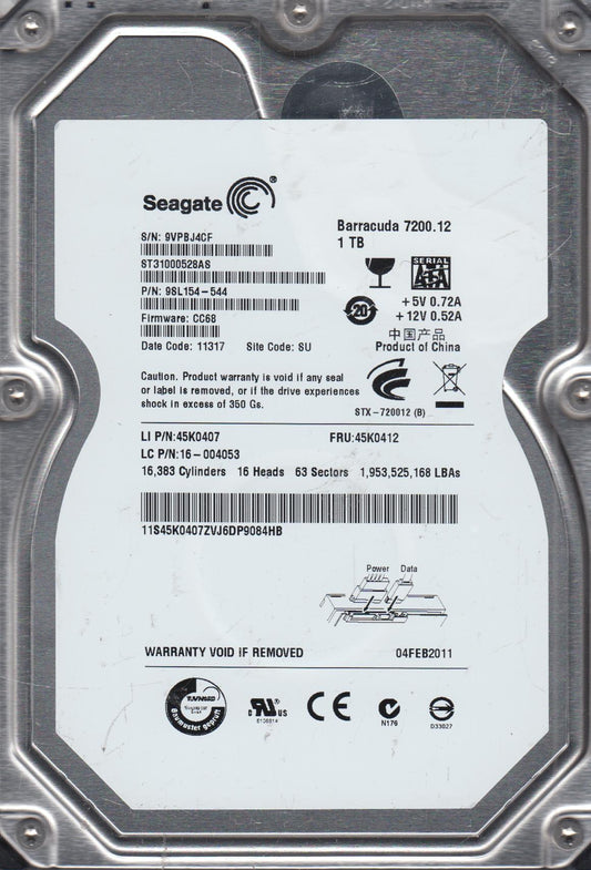 9SL154-544 Seagate Barracuda 7200.12 1TB 7200RPM SATA 3Gbps 32MB Cache 3.5-inch Internal Hard Drive