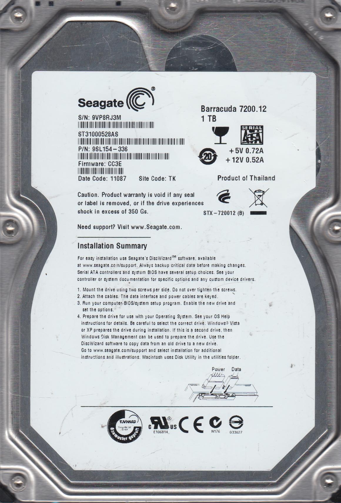 PSL154-336 Seagate Barracuda 7200.12 1TB 7200RPM SATA 3Gbps 32MB Cache 3.5-inch Internal Hard Drive