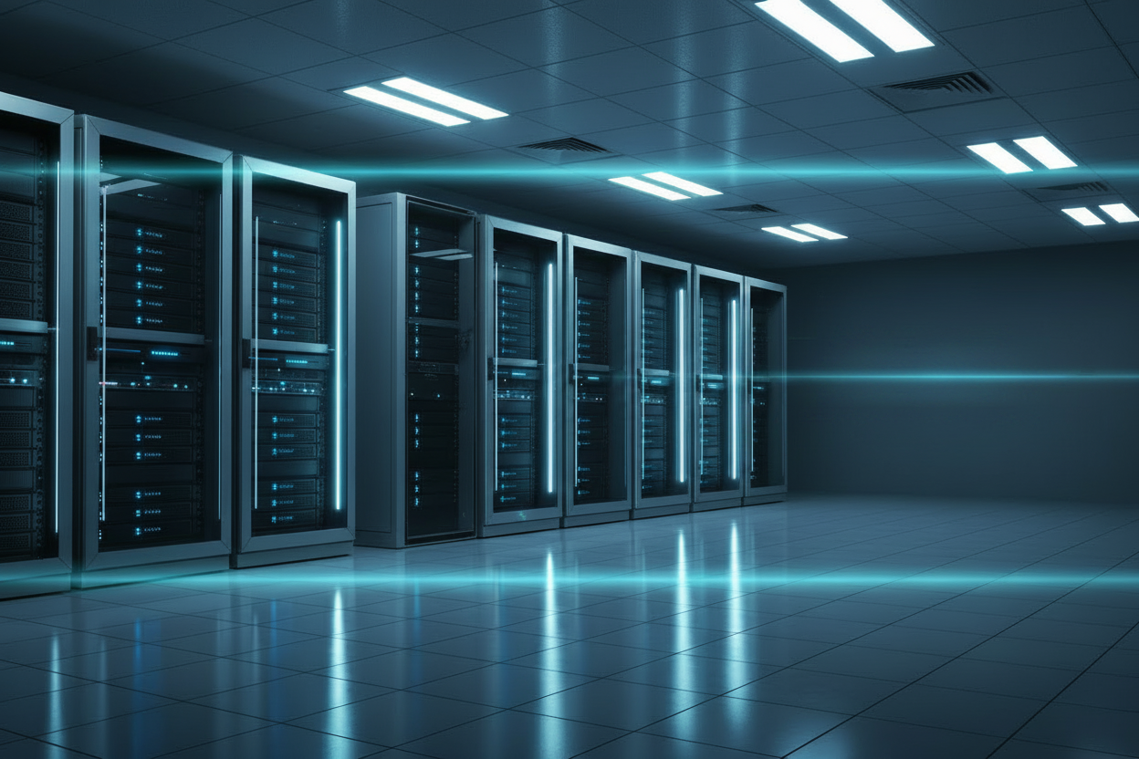 Server room with server racks and 'Next-Gen Hardware Solutions' text on a wall.