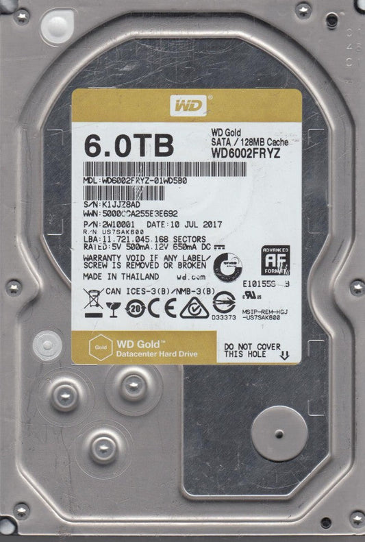 WD6002FRYZ-01WD5B0 Western Digital Gold 6TB 7200RPM SATA 6Gbps 128MB Cache 3.5-Inch Hard Drive